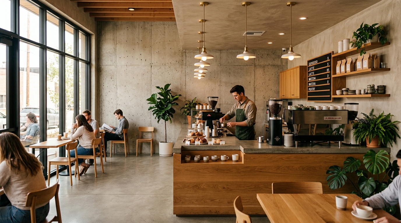 BREW & CO. cafe interior with warm lighting and wooden furniture