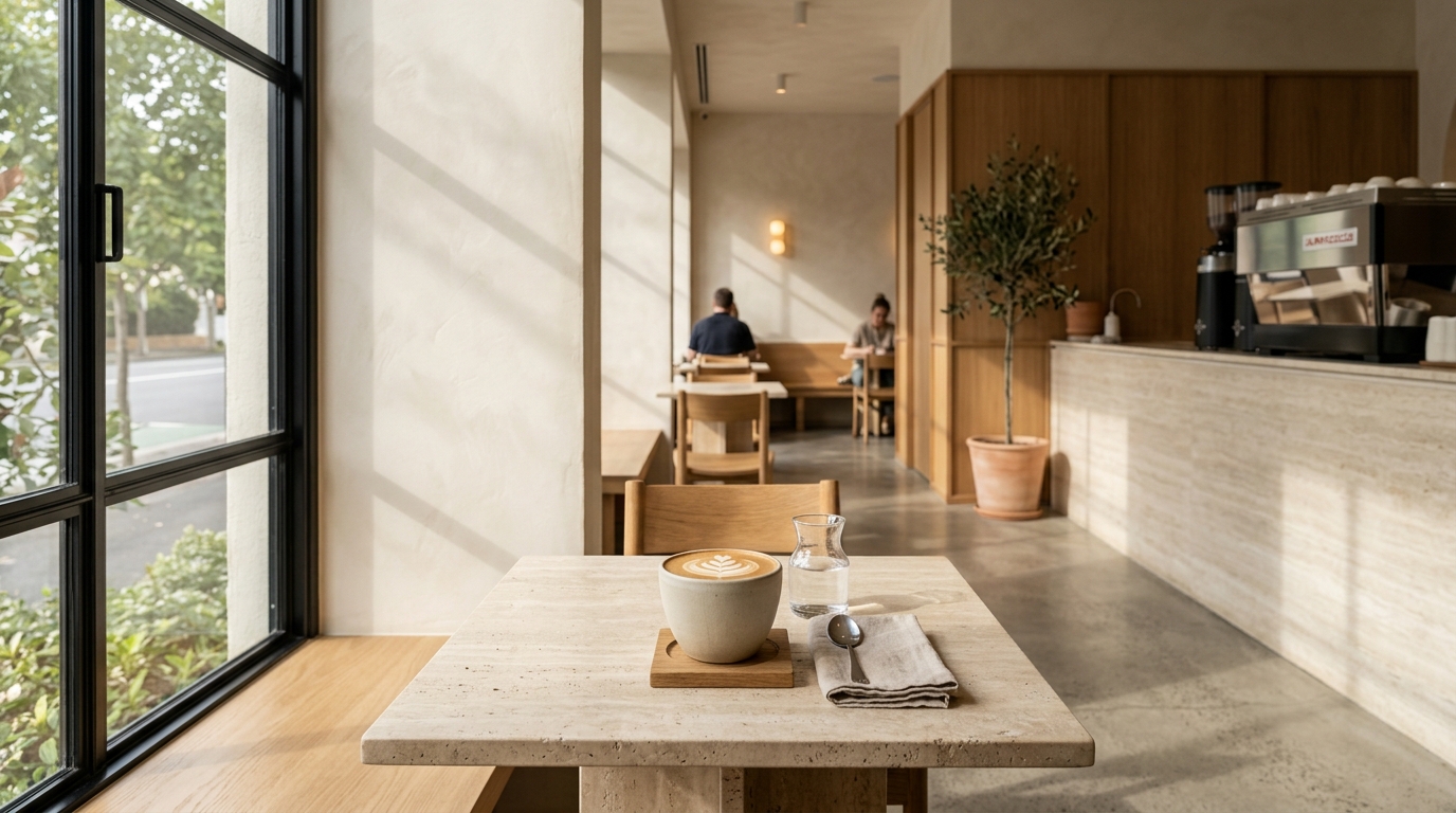 Minimalist cafe interior with ceramic latte cup on travertine stone table